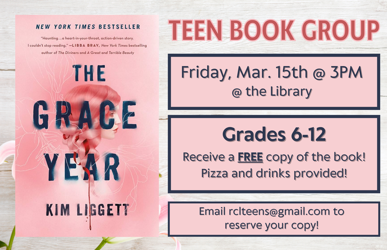 Teen Book Group March 2024 banner, The Grace Year by Kim Liggett
