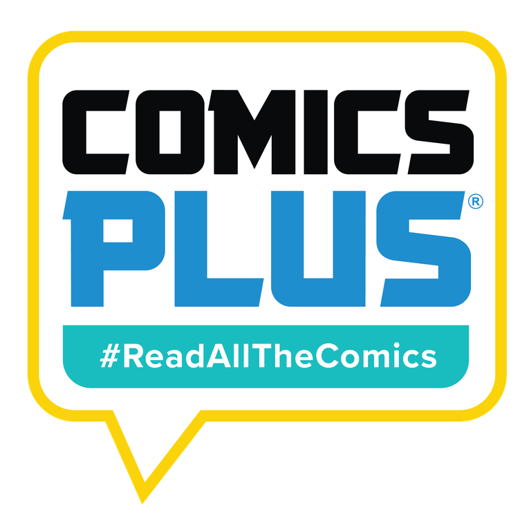 Text comics bubble with Comics Plus and hash tag read all the comics. 