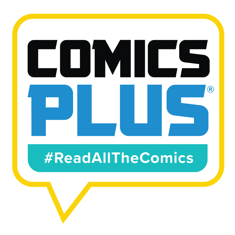 Comics Plus Text comics bubble with Comics Plus and hash tag read all the comics.